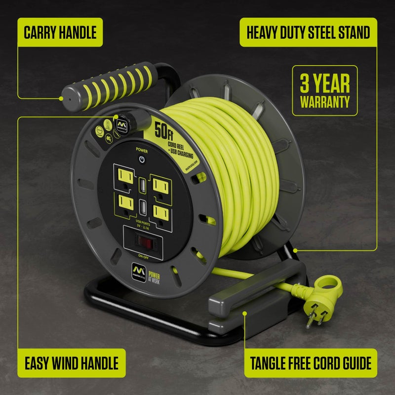 Masterplug 50ft Cord Reel, Retractable Extension Lead with Winding Handle, Safety Overload Circuit Breaker and Power Switch, 4X Grounded Outlets, 2X USB Ports, 13amps, 14AWG Cable - Image 3